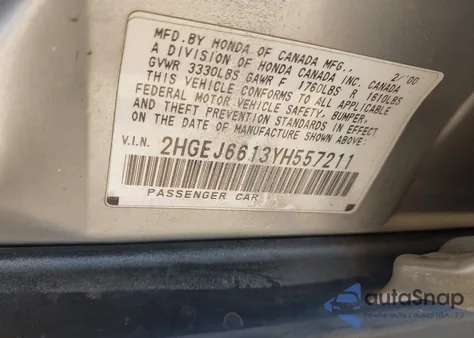 2000 Honda Civic Value Package z USA, uszkodzony, nr VIN 2HGEJ6613YH557211